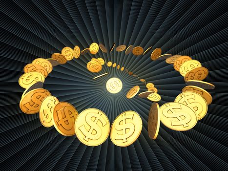 Interplay of golden dollar coins against background burst pattern on the subject of finance, money, business and commerce