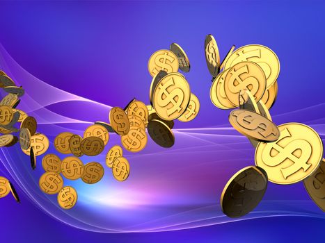 Interplay of golden dollar coins against elegant wave background on the subject of finance, money, business and commerce