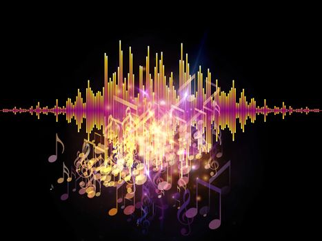 Interplay of graphic analyzer bars, music notes, lights and abstract design elements on the subject of music, concert performance, sound and entertainment