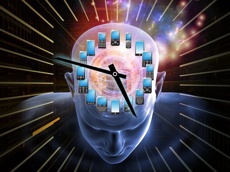 Collage of human head, clock, mobile devices and various abstract elements on the subject of time, mobile technologies, human and artificial minds