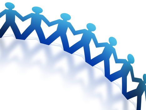 Blue Paperman figures holding hands on white background.