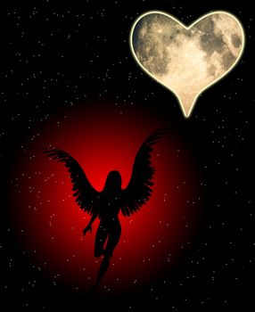 An angel with a heart shaped moon.