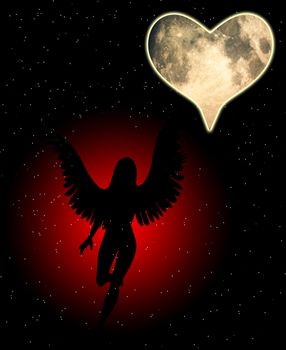 An angel with a heart shaped moon.