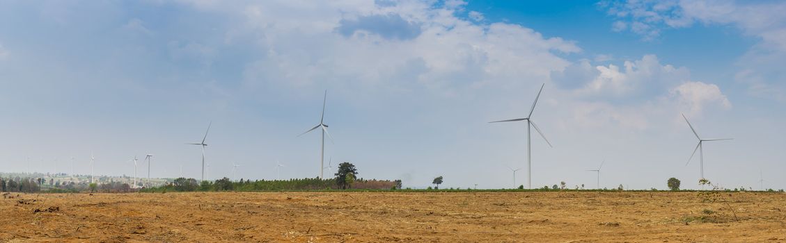 Eco power, wind turbines field panorama