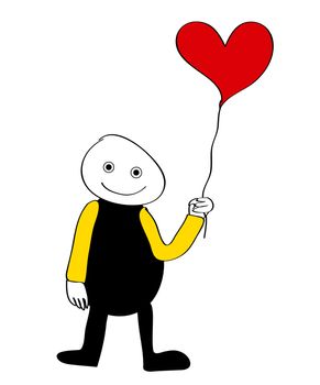 Cartoon figure holding a balloon in the shape of a heart.