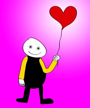 Cartoon figure holding a balloon in the shape of a heart.