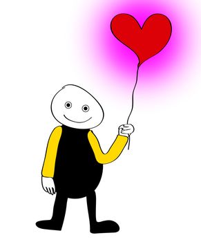 Cartoon figure holding a balloon in the shape of a heart.