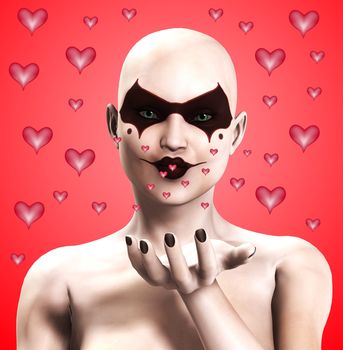 A bald female clown, blowing out kiss love hearts.