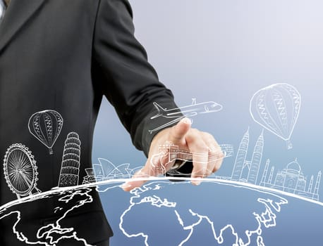 businessman hand touch the dream travel around the world
