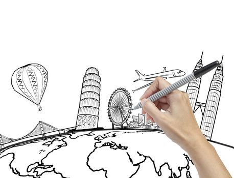 hand drawing the dream travel around the world