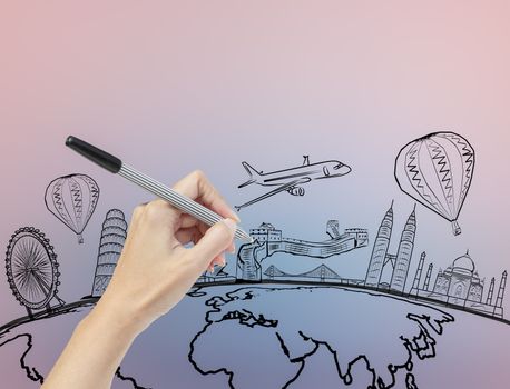 hand drawing the dream travel around the world