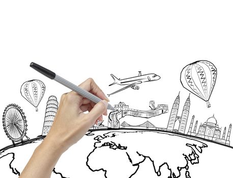 hand drawing the dream travel around the world
