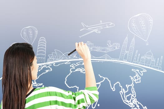 asian woman drawing or writing dream travel around the world