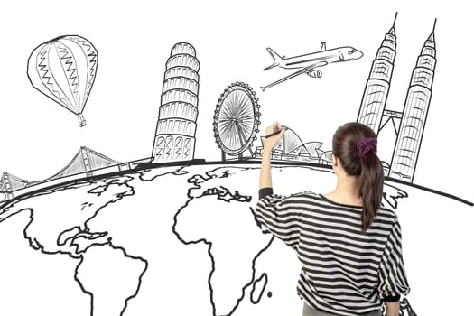 asian woman drawing or writing dream travel around the world