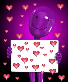 Cartoon man sending out love heats from a sign.