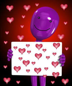 Cartoon man sending out love heats from a sign.