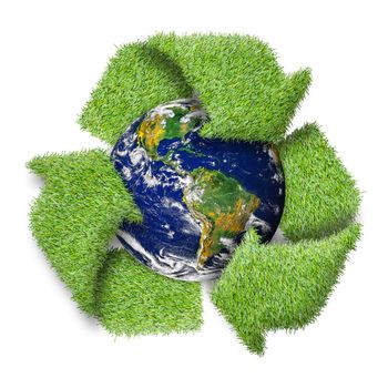 Recycle logo symbol from the green grass and earth. "Elements of this image furnished by NASA"