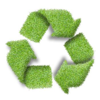 Recycle logo symbol from the green grass, isolated on white