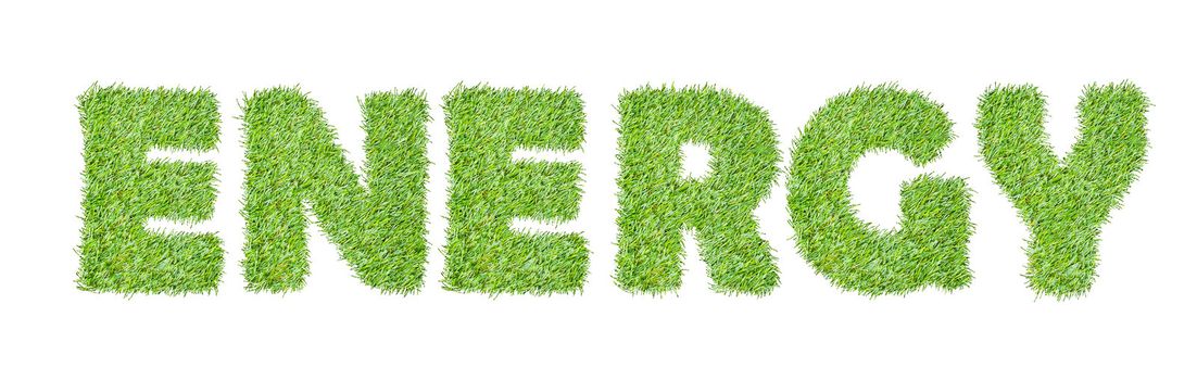 the word ENERGY  from the green grass, isolated on white