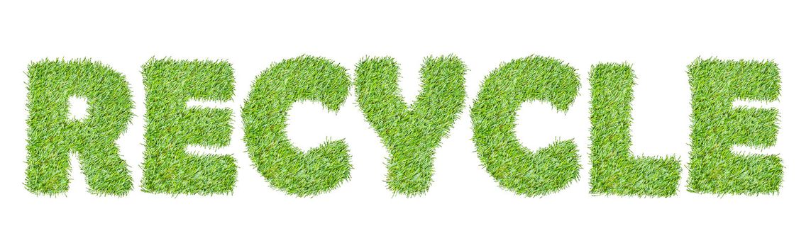 the word RECYCLE from the green grass, isolated on white