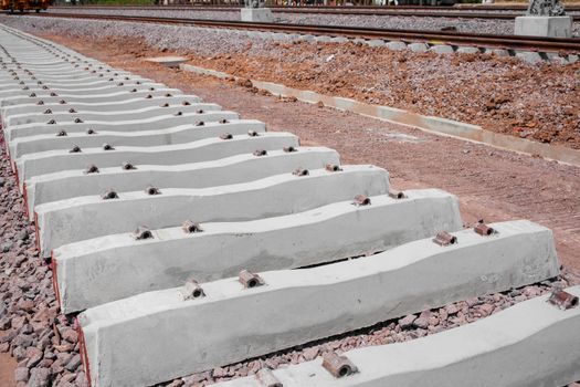 Railroad track in railway for train, construction site