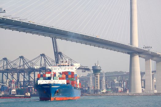 container ship and modern bridge