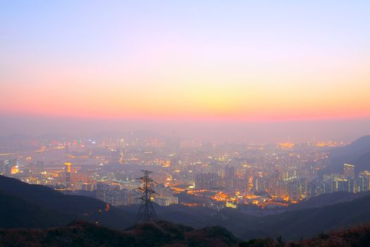 sunset city in mist