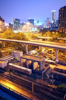 City and train rail, sunset moment