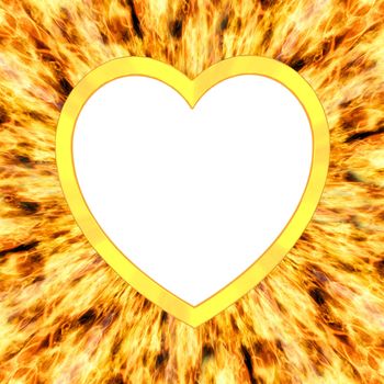 Blank heart shaped frame on flame background. High resolution 3D image