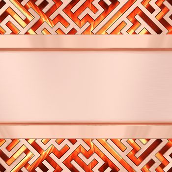 Blank bronze plate on maze background with flame. High resolution 3D image