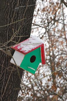 Birdhouse red, green, white coloured in winter