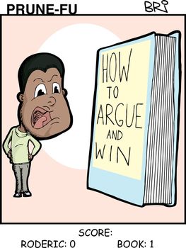 Black man argues with a book Prune-Fu comic strip 1