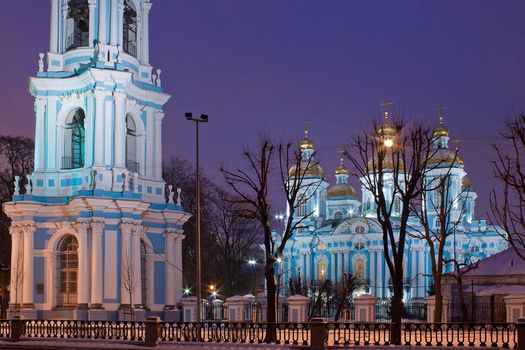 night horizontal view of St. Nicholas cathedral. St. Petersburg, Russia