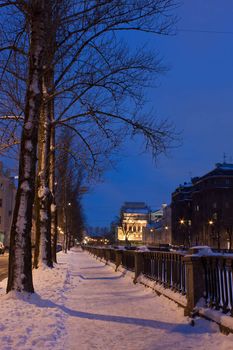 River embankment in St. Petersburg, Russia at night