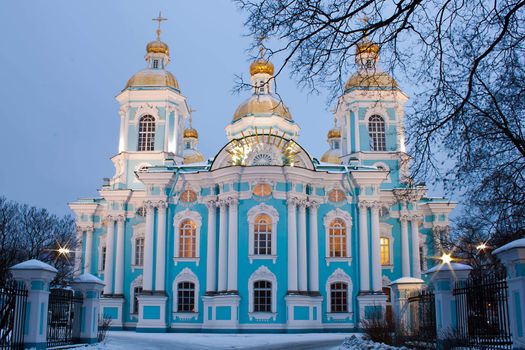 night horizontal view of St. Nicholas cathedral. St. Petersburg, Russia