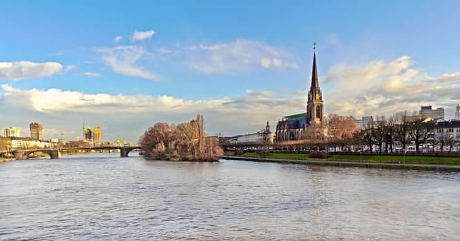 The view from the famous iron bridge in Frankfurt Germany