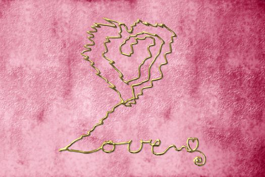 grunge heart and gold wire text on red background