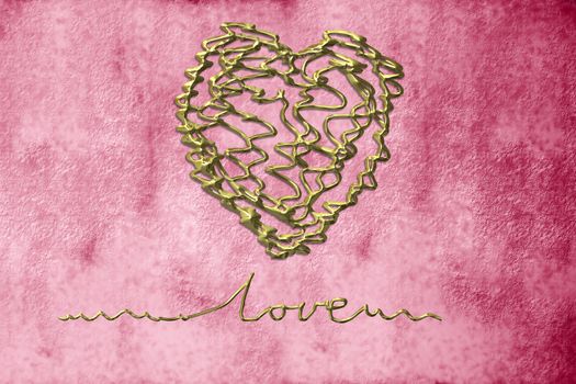 romantic cards, heart in gold thread on grunge background