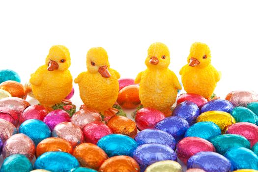Colorful easter eggs and chickens over white background