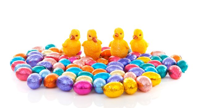 Colorful easter eggs and chickens over white background