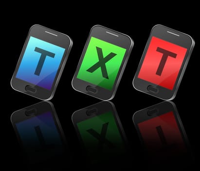 Illustration depicting three illuminated communication devices with displays spelling the abbrieviation 'txt' arranged horizontally over black and reflecting into the foreground.