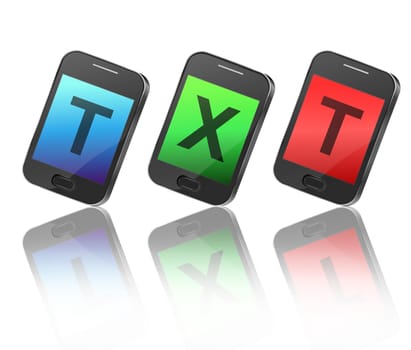 Illustration depicting three illuminated communication devices with displays spelling the abbrieviation 'txt' arranged horizontally over white and reflecting into the foreground.