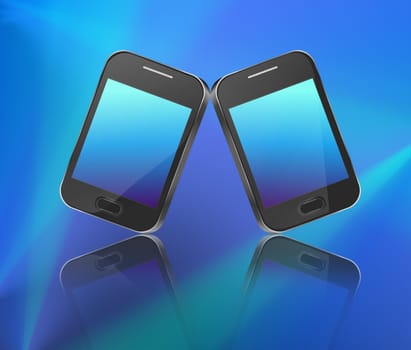 Illustration depicting two illuminated communication devices arranged over blue light effect and reflecting into the foreground.