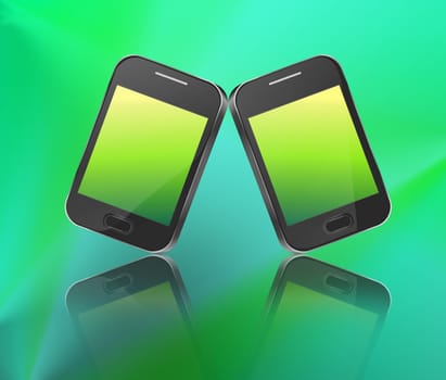Illustration depicting two illuminated communication devices arranged over green light effect and reflecting into the foreground.