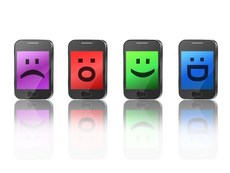 Illustration depicting four illuminated communication devices with various emoticon displays arranged horizontally over white and reflecting into the foreground.