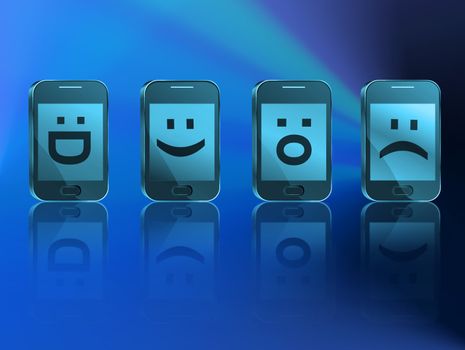 Illustration depicting four illuminated communication devices with various emoticon displays arranged horizontally with blue filter over blue light and reflecting into the foreground.