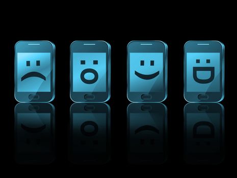 Illustration depicting four illuminated communication devices with various emoticon displays arranged horizontally with blue filter over black and reflecting into the foreground.