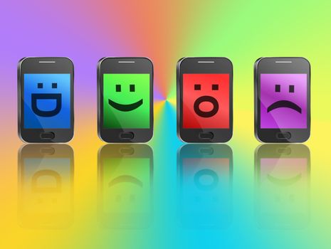 Illustration depicting four illuminated communication devices with various emoticon displays arranged horizontally over colourful background and reflecting into the foreground.