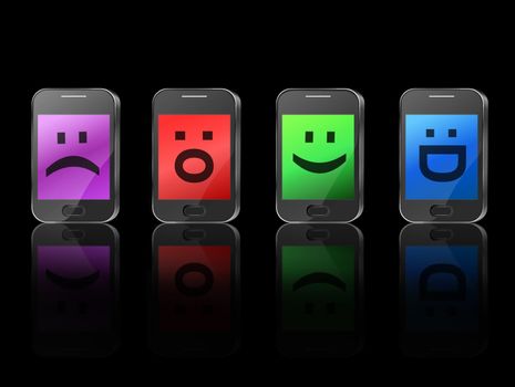 Illustration depicting four illuminated communication devices with various emoticon displays arranged horizontally over black and reflecting into the foreground.