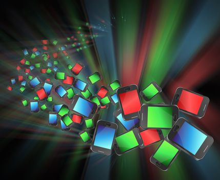 Illustration depicting many illuminated communication devices giving the appearance of being in motion against a dark and blurred background.